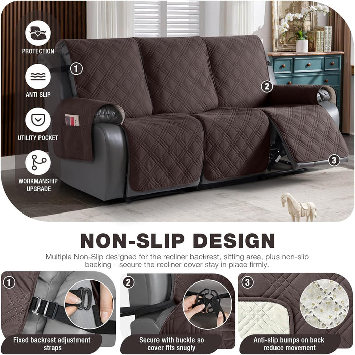 100% Waterproof Recliner Sofa Cover Non Slip Couch Cover for 3 Seat Reclining Sofa, Split Reclining Couch Covers 3-Piece with Straps, Washable Sofa Slipcover for Kids Pets(3 Seater, Chocolate)