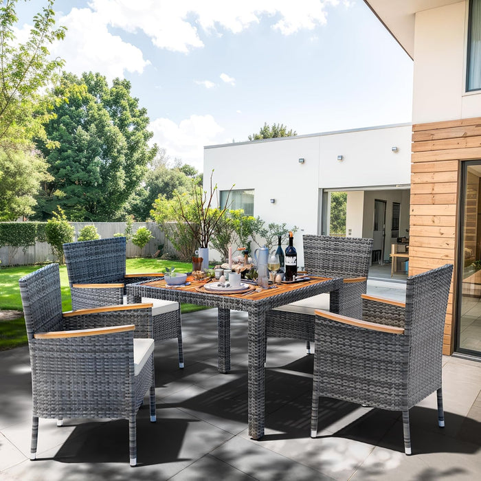 5 Piece Patio Dining Set, Wicker Patio Conversation Set with Wooden Table Top, Outdoor Table and Chairs with Soft Cushions for Backyard, Deck and Garden, Grey Wicker