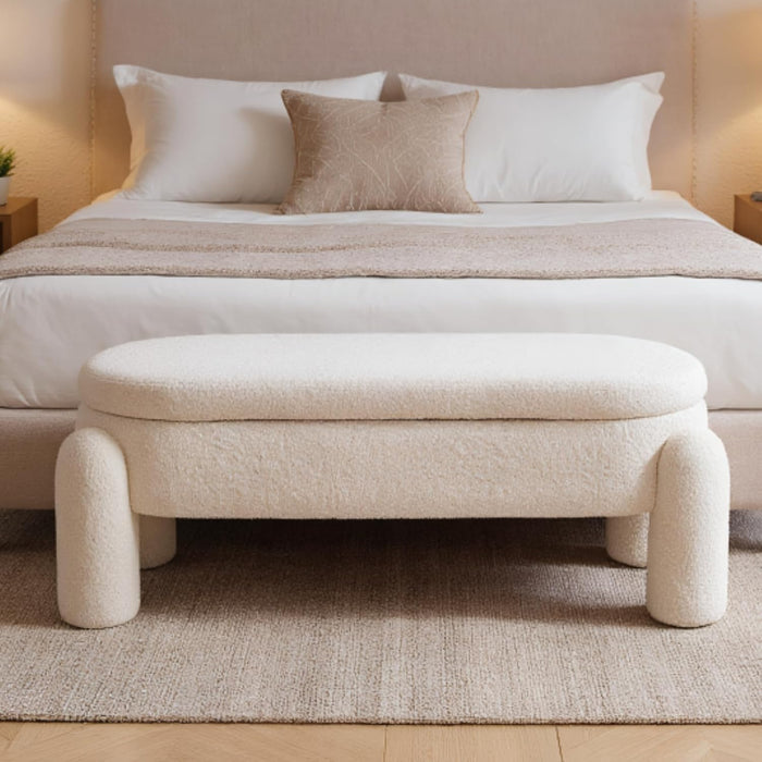 Boucle Storage Ottoman Bench, 44.7 Inches Sherpa Upholstered Storage Bench, End of Bed Bench for Bedroom Entryway Living Room, White