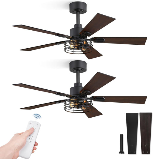 2 Pack Farmhouse 42 Inch Ceiling Fans with Lights, Black Industrial Caged Ceiling Fans for Bedroom Living Room, Double-Sided 5 Blades Rustic Ceiling Fan