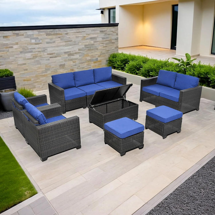 10 Pieces Patio Furniture Sets Outdoor,Manual Weaving Wicker Rattan Sectional Sofa Patio Conversation Sets with Cushions & Coffee Table with Hidden Storage for Outside, Balcony, Porch