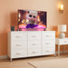 Dresser TV Stand for 55 Inch, Led Dresser for Bedroom, White Dresser for Bedroom with LED Lights and Charging Station, Chest of Drawers, 9 Fabric Dresser Drawers, Wood Top, Living Room, Closet