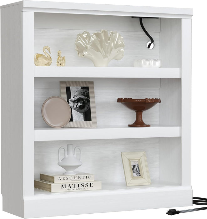 3-Tier Bookshelf with 3 Outlets, 2 USB Ports and Adjustable Shelf | Wood Storage Bookcase, Sturdy 3-Shelf Decorative Display Rack, Versatile for Home Office, Living Room and Bedroom, White