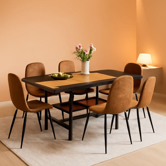 71" Farmhouse Dining Table Set for 6 - Wood Kitchen Table with Storage Shelf and Upholstered Chairs Set,Rectangular Dining Room Tables Set for Kitchen,Industrial Brown & Black Split-Color