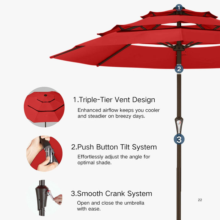 9Ft 3-Tier Patio Umbrella, Outdoor Table Umbrella with Easy Crank & Tilt, 8 Reinforced Ribs, UV Protection for Deck, Pool, Market, Backyard (Red)