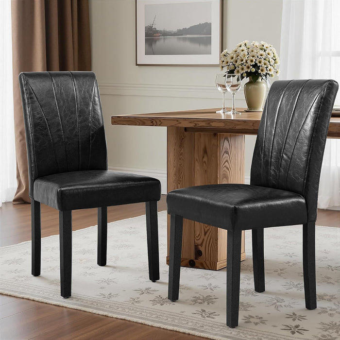Upholstered Dining Chairs Set of 6, Modern PU Leather and Solid Wood Legs & High Back, Parsons for Kitchen/Living Room- Black