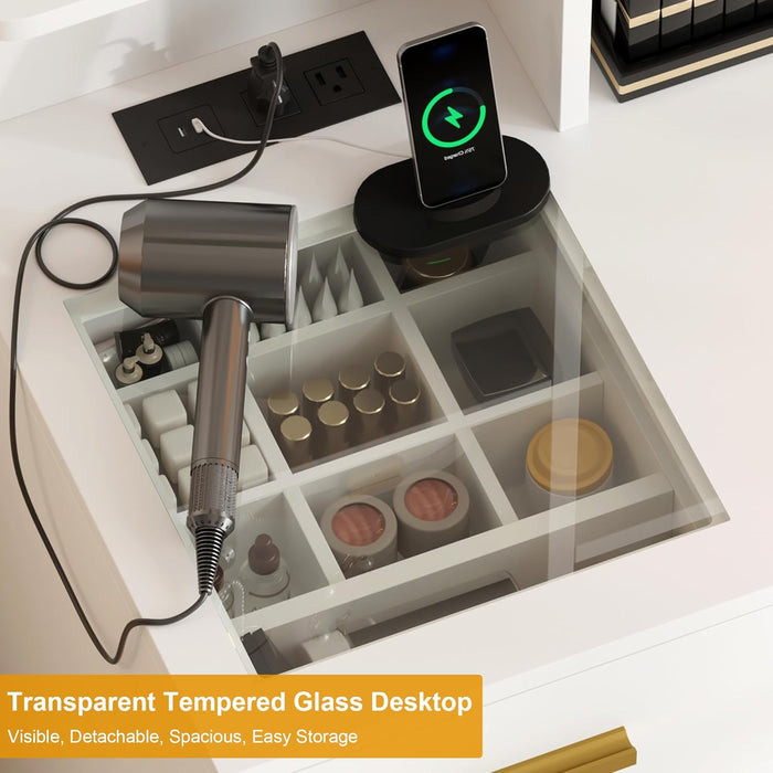 Makeup Vanity Desk with Lights in 3 Colors, White Vanity Table with Charging Station, Visible Drawers
