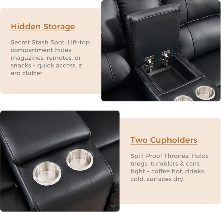Power Reclining Sectional Sofa with LED Light, Faux Leather Sectional Couch for Living Room, Modern Corner Furniture Sets with 2 Recliner Seats, Cup Holders, Storage Console, Black