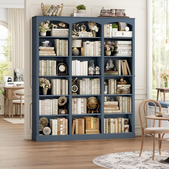 71" Triple Wide Bookshelf, 6 Tier Tall Bookshelf, Large Arched Bookcase with Curved Baffle, 63.4" Wide Book Shelf with 18 Open Display Shelves for Living Room, Study, Blue