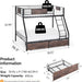 Bunk Bed Twin over Full Size with 2 Storage Drawers/Flat Rungs/Inclined Ladder, Heavy Duty Metal Slat Support, No Box Spring Needed, Black/Industrial Brown