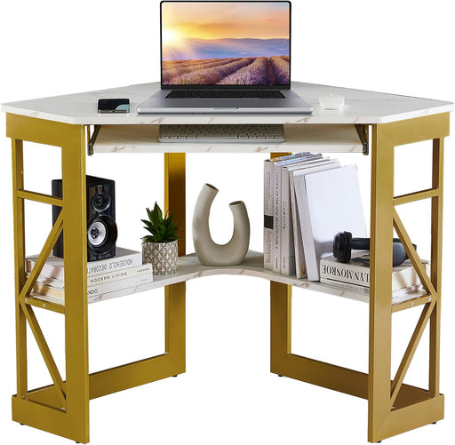 Corner Computer Desk 41 X 30 Inches with Smooth Keyboard & Storage Shelves for Home Office Workstation,White & Gold