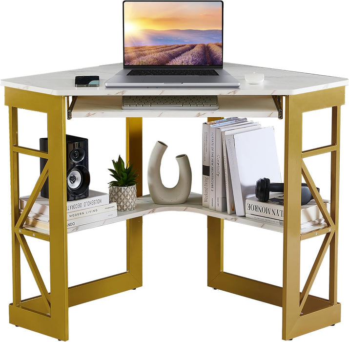 Corner Computer Desk 41 X 30 Inches with Smooth Keyboard & Storage Shelves for Home Office Workstation,White & Gold