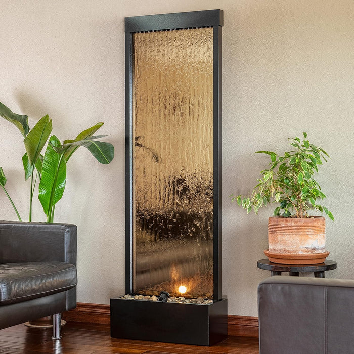 72" Tall Indoor/Outdoor Mirror Waterfall Floor Fountain, LED Lights & River Stones, Elegant Bronze Finish for Home, Office, Patio & Entryway Decor