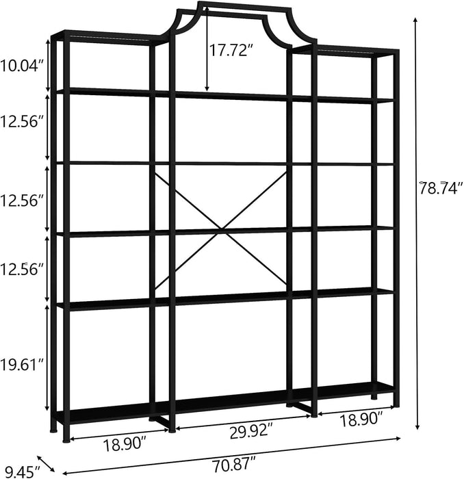 Triple Wide 5-Tier Bookshelf, 70.87" L X 79.13" H Extra Large Bookcase, Tall Open Etagere Display Shelf with Metal Frame, Freestanding Modern Storage Shelves for Home Office (Black)