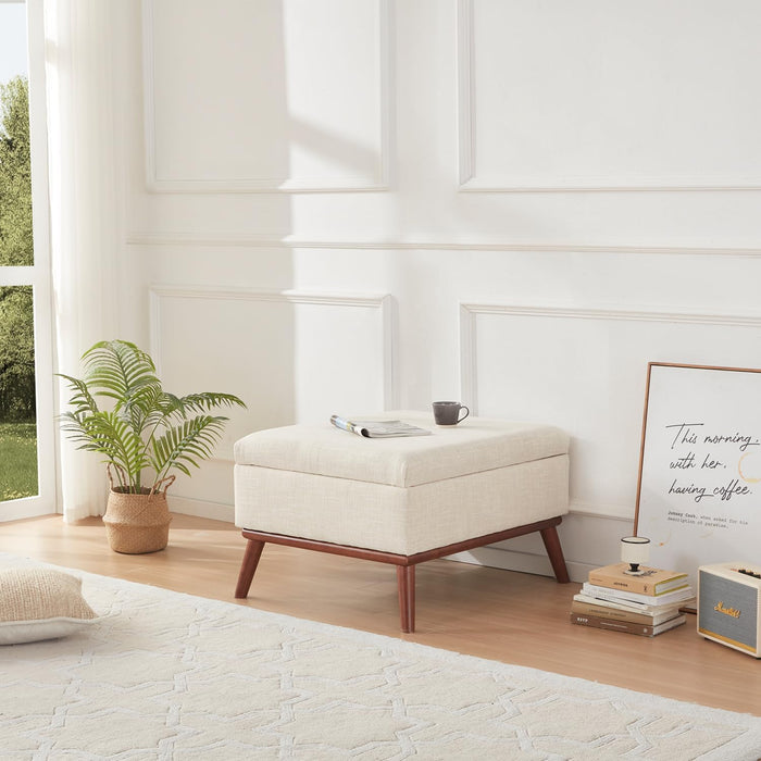 Large Ottoman with Storage, Mid Century Modern Rectangle Coffee Table with Lid Lifting Function, High Wooden Legs, Oversized Storage Ottomans for Living Room, Office Room, Beige