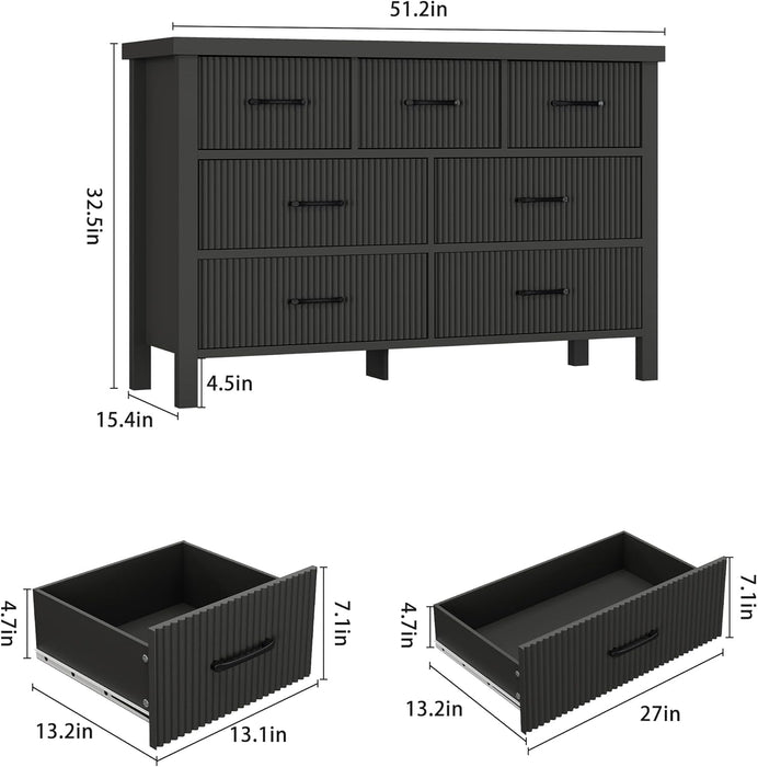 Fluted 7 Drawers Dresser for Bedroom, Modern Chest of Drawers with Metal Handle, Wood Dresser TV Stand, Wooden Closet Clothes Storage Organizer for Living Room, Hallway (Black)