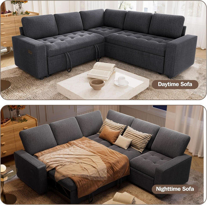 85 Inch Modular Sectional Sofa with Pull Out Bed, Chenille L Shaped Sectional Sofa with USB Ports/Reclining Backrest/Storage Seats, Tool-Free Assembly, Sofa Couch for Living Room Dark Grey