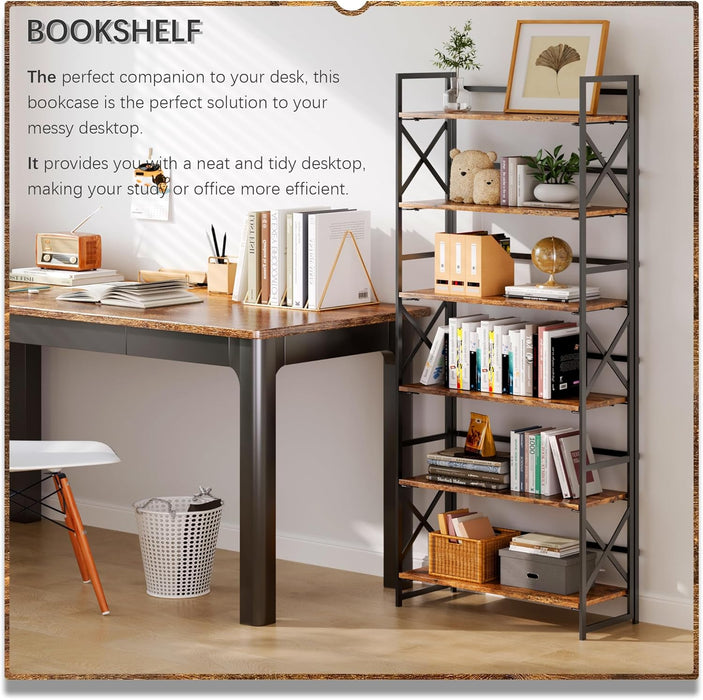 Six Tier Foldable Brown Bookcase Industrial Finish