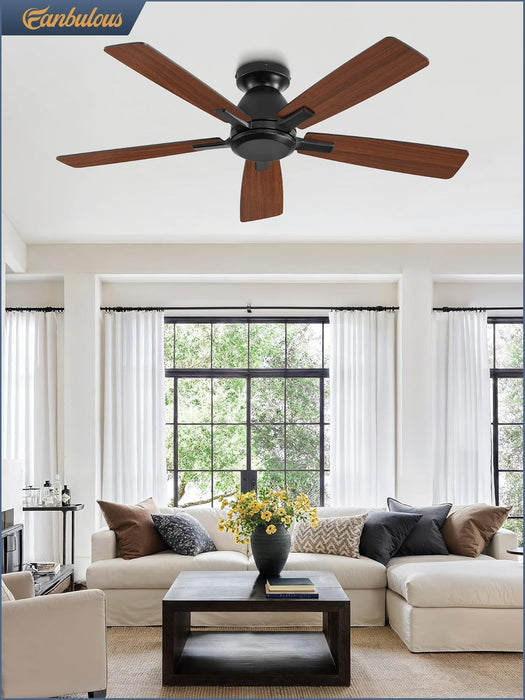 46 Inch Flush Mount Ceiling Fan No Light with Remote,Black Modern Low Profile Ceiling Fan without Light,6-Speeds,Quiet Reversible DC Motor,Indoor&Outdoor Ceiling Fans for Bedroom,Living Room