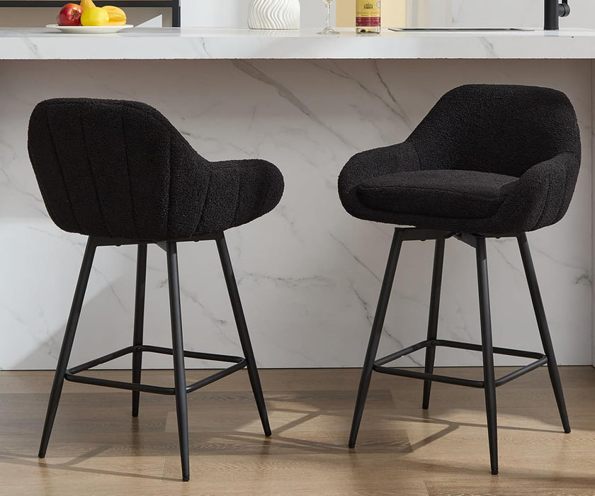 Modern Swivel Bar Stools Set of 2, 26" Counter Height Bar Stools for Kitchen Island, Upholstered Sherpa Fabric Barstools Island Chairs with Backs and Metal Legs, Black