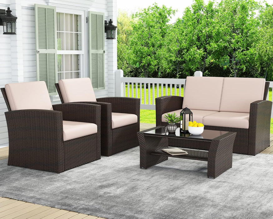 4 Piece Outdoor Patio Furniture Sets, Wicker Conversation Sets, Rattan Sofa Chair with Cushion for Backyard Lawn Garden (Brown)