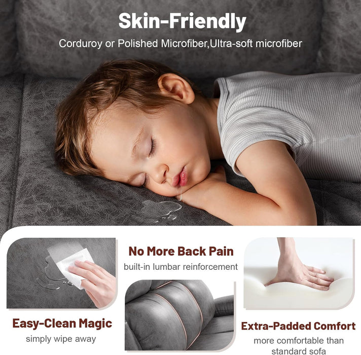 3 Seater Recliner Sofa, FSC Certified Manual Reclining Couch with Flip-Up Middle Backrest & Drawers, Modern Recliner Sofa with USB Ports & Cup Holders for RV, Living Room