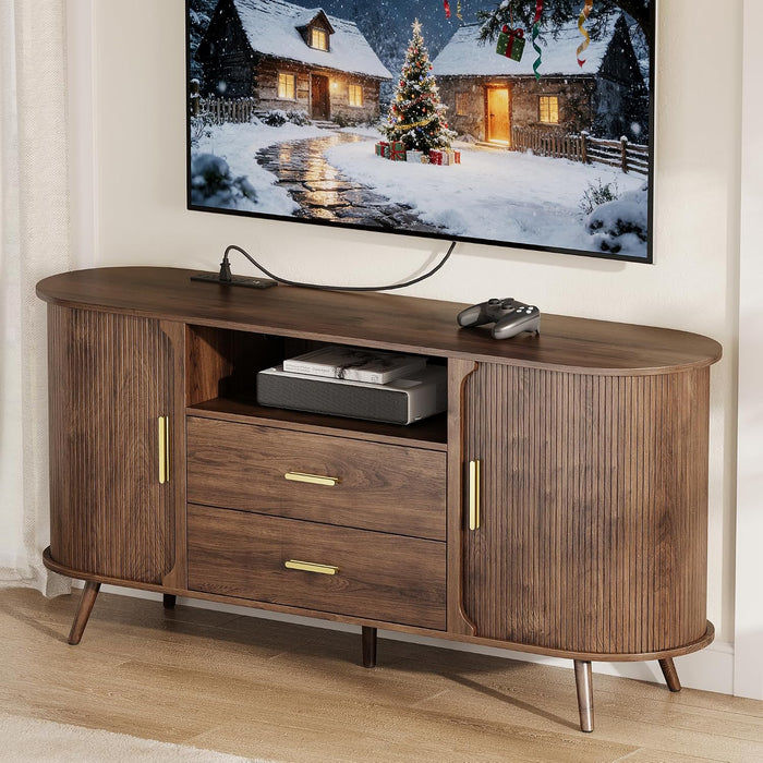 60" Sideboard Buffet Cabinet, Walnut Buffet Sideboard Storage Cabinet, Sliding Door & Adjustable Shelf, Mid-Century Modern Accent Coffee Bar Console Table for Kitchen, Entryway/Living Room/Dining Room