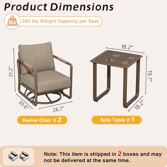 3 Piece Patio Outdoor Aluminum Swivel Rocking Chair with Coffee Table and 6.7" Thickened Cushions, All Weather Outdoor Furniture Chairs for Garden, Poolside, Deck-Brown