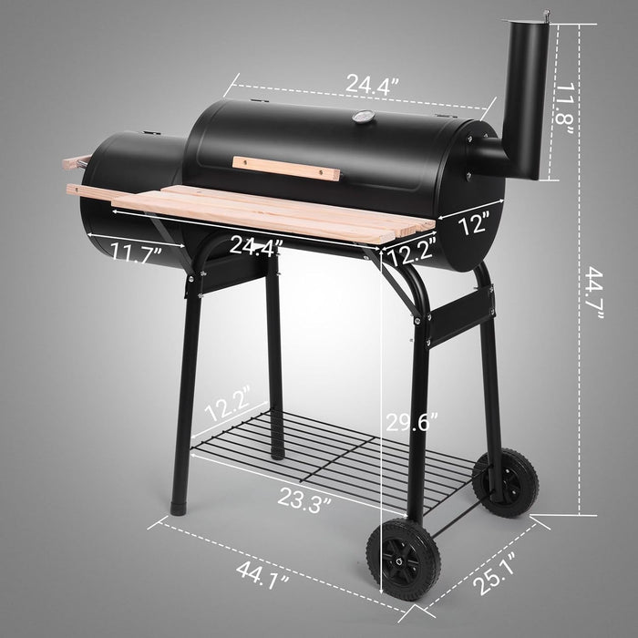Charcoal Grill and Offset Smoker, Outdoor Patio Barbecue Cooker with Wheels, Portable Backyard BBQ Oven with Side Fire Box for Camping, Picnic, Party