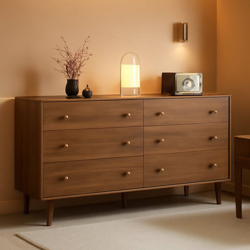 55 Inch Wide WalnutFinish BeveledEdge SolidWood Dresser