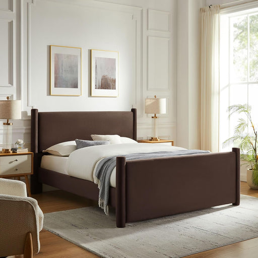Rael Queen Platform Bed Frame with Upholstered Headboard and Footboard in Chocolate Brown – Stain-Resistant Performance Velvet Queen Size Bed with Rounded Posts
