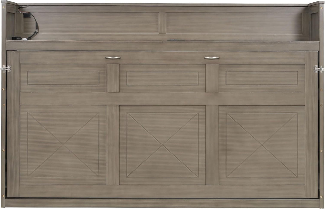 Twin XL Size Murphy Bed Cabinet Bed with Desk and USB Charging Station, Foldable Platform Bed Frame with Storage, Gray Wash