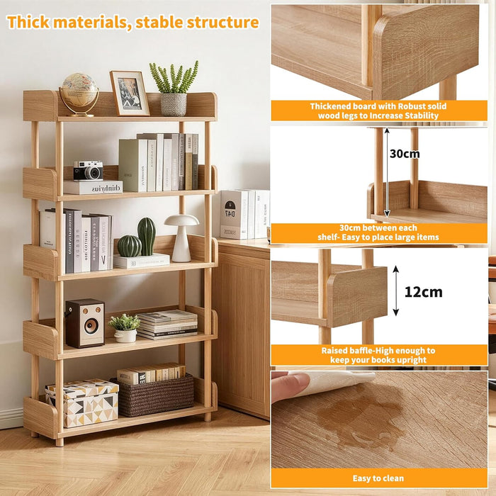 5 Tier Bookshelf, Free Standing Wooden Bookcase with Open Storage Shelves, Sturdy Shelf Organization Display Rack for Living Room, Bedroom, Home Office, Oak Color YD-BC006R