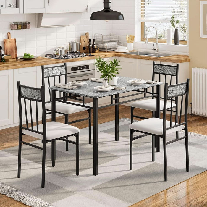 5 Piece Dining Table Set for 4, Faux Marble Kitchen Table and Chairs Set of 4, Vintage Rectangular Dining Room Table with Cushion Padded Seat, Metal and Wood Dining Set Kitchen Furniture, Grey