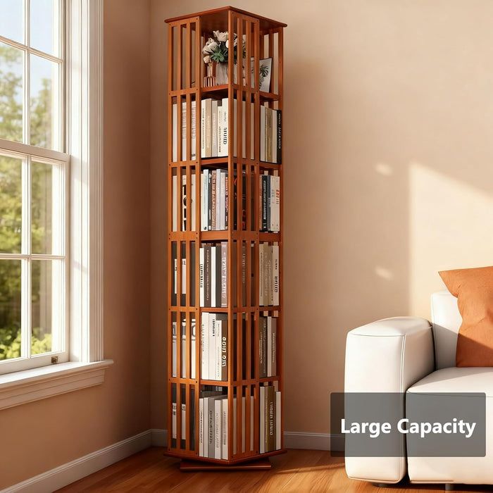 Rotating Bookshelf Tower– 6 Tier 360° Bamboo Spinning Bookshelf | Space-Saving Floor Standing Square Revolving Bookcase for Small Space, Home Offices & Reading Corners | Walnut