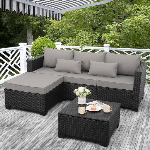 3 Pieces Patio Furniture Set Outdoor Sectional Wicker Patio Furniture Patio Couch with Ottoman and Outdoor Storage Table All-Weather Anti-Slip Cushions Waterproof Covers, Light Grey