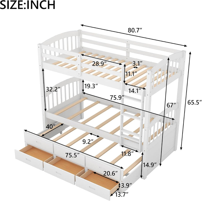 Harper&Bright Designs Twin over Twin Bunk Bed with Safety Rail, Ladder, White Twin Trundle Bed with 3 Drawers for Kids, Teens Bedroom, Guest Room Furniture