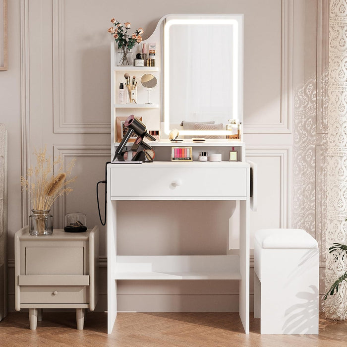 Small Vanity Desk with Mirror and Lights, Makeup Vanity with Charging Station, Compact Dressing Table Set with Storage Chair, Drawer and Shelves for Bedroom, White