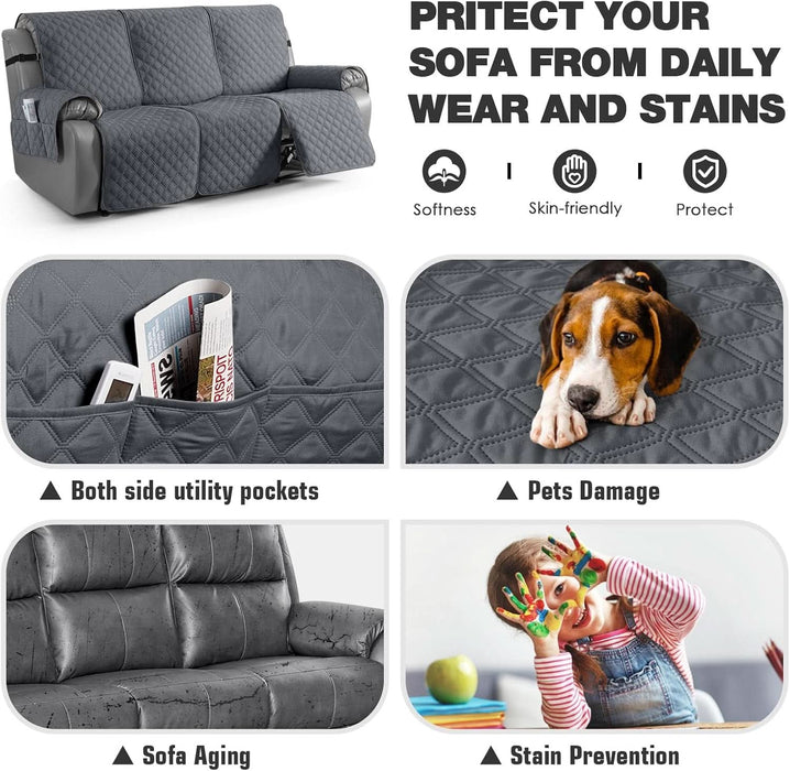 100% Waterproof Recliner Couch Covers, Recliner Sofa Covers with Leg Straps, 1-Piece Washable Reclining Sofa Cover with Pocket Couch Protector for Pets Kids(3 Seater, Dark Grey)