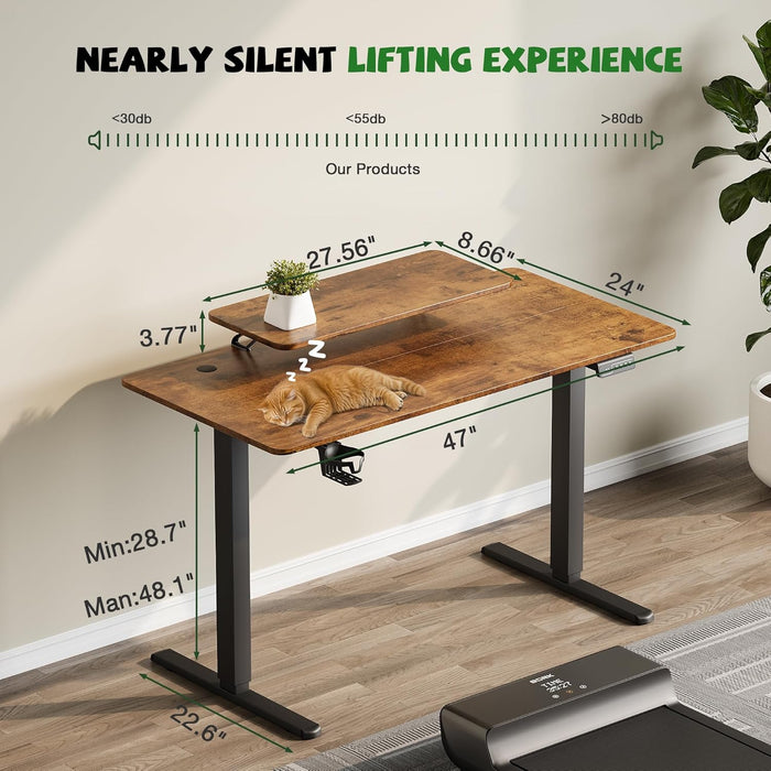 Electric Standing Desk with Monitor and Laptop Workstation, 47 X 24 Inches Height Adjustable Sit Stand up Desk, Computer Workstation with Cup Holder and Hook, Cable Holes, Rustic Brown
