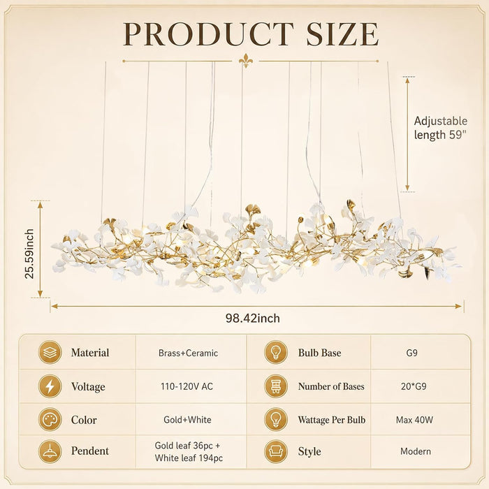 L98.42 Large Modern Chandelier for Dining Room, 20-Light Copper Tree Branch Chandeliers, Ginkgo Leaf Chandeliers, H65 Brass Chandelier for Restaurants, Hotelsand, Clubs, Living Room