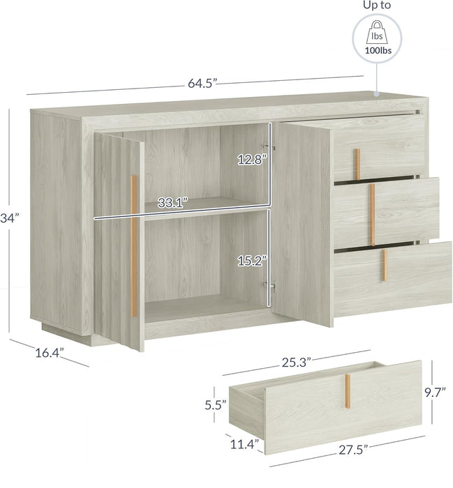 64” Sideboard Buffet Cabinet, Modern Fluted Door Console Table with 3 Drawers and Adjustable Shelves, Accent Storage Cabinet for Entryway, Living Room & Dining Room - White Sand