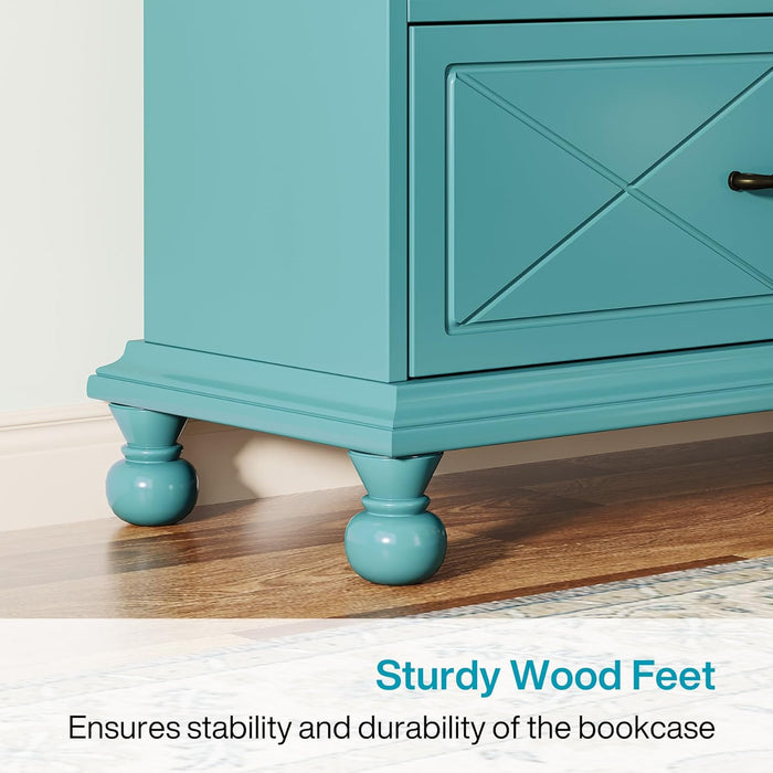 6-Shelf Bookcase with Drawer, 71 Inch Tall Floor Standing Bookshelf with Solid Wood Legs, 6-Tier Large Open Display Storage Book Shelf for Living Room, Home Office, Ocean Blue