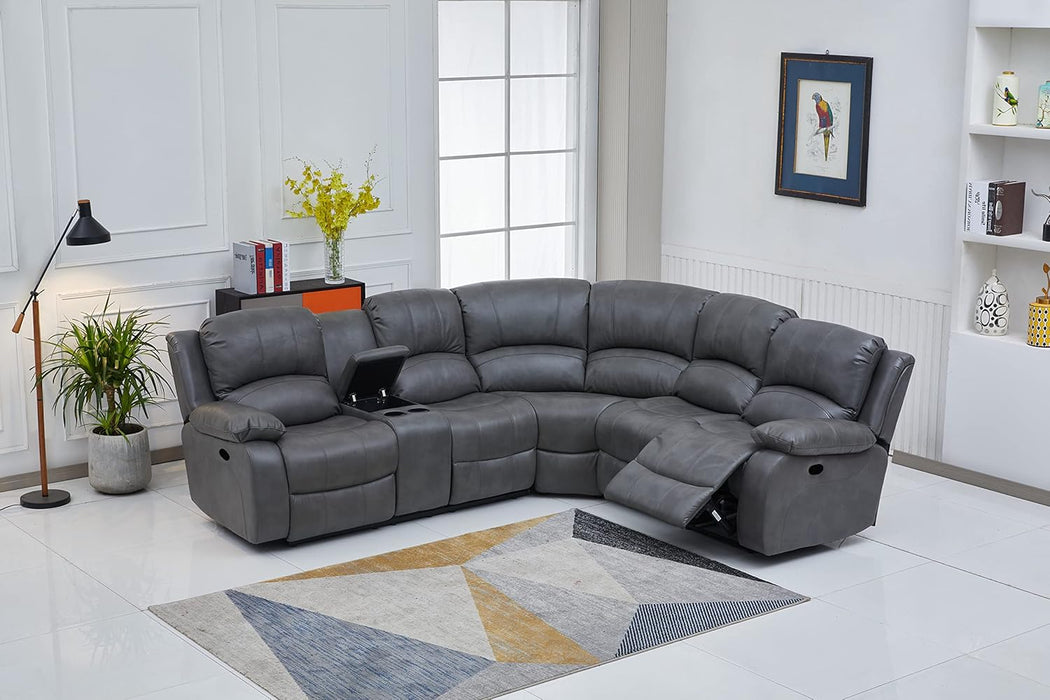 Bonded Leather Sectional Sofa 3 Recliners, Grey