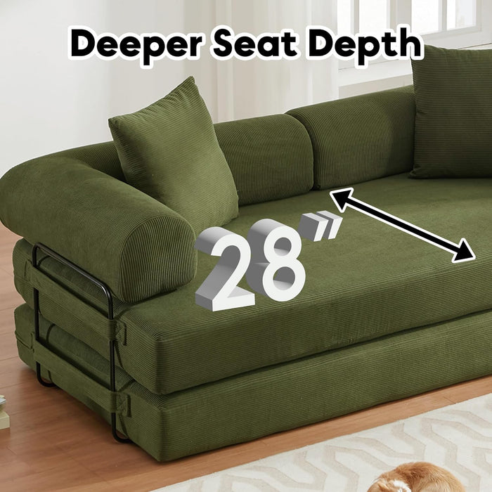 Convertible Sleeper Sofa Bed with Cylindrical Pillow, Corduroy Folding Mattress Couch with Fixed-Shape Frame, Floor Sofa Lounge Couch for Living Room Bedroom Lounge Studio-Green