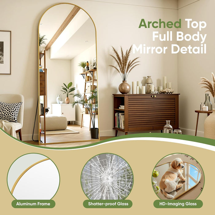 58"X20" Arched Full Length Door Mirror, Over-The-Door Hanging, Floor Standing, Wall Mounted or Leaning, Metal Frame Body Mirror for Bedroom, Living Room, Closet, Dorm, Gold