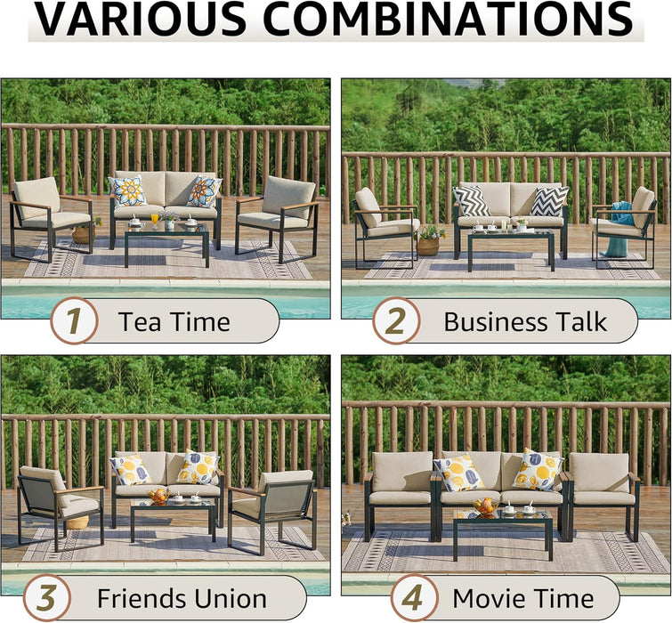 4 Pieces Patio Furniture Sets,Metal Outdoor Patio Furniture Sets,Outdoor Sectional Furniture Patio Conversation Set,Wooden Anti-Scald Armrest,Sling Mesh,4" Olefin Cushions