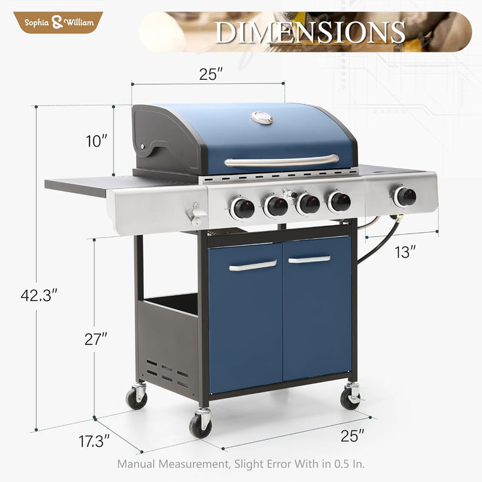 4-Burner Gas BBQ Grill with Side Burner and Porcelain-Enameled Cast Iron Grates, 42,000BTU Propane Grills Outdoor Cooking Barbecue Cabinet Style, Blue