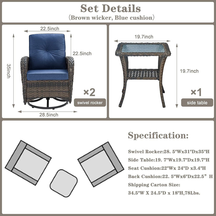 Patio Wicker Chairs Swivel Rocker Outdoor Swivel Rocking Chairs Set of 2 with Rattan Side Table Swivel Glider Chair 3 Piece Patio Furniture Sets for Patio Porch Pool Brown/Blue, (A085-1)