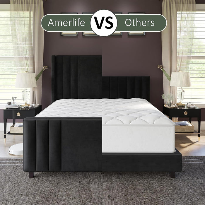 Queen Size Bed Frame, Velvet Upholstered Platform Bed with Vertical Channel Tufted Headboard & Footboard/Wingback, Mattress Foundation with Wood Slats, No Box Spring Needed, Black